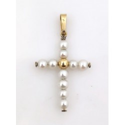 Petite croix en perles de culture et or 18 cts