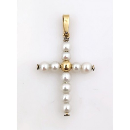 Petite croix en perles de culture et or 18 cts